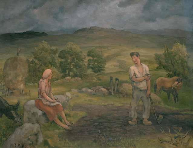 40 - Pin y Rosa, c. 1945 130 x 100 cm Firmado: E. Valle (ángulo inferior izquierdo) Un aldeano trabaja la tierra con su fesoria mientras habla con la moza sentada en el cercado de piedra.