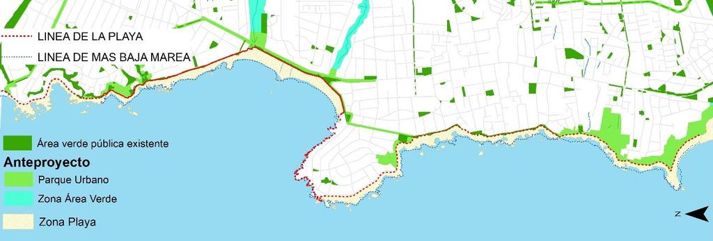 Complementando el sistema de área verdes descrito se define una zona de playa detallando la zonificación del PRIVSBCS que indica una zona de protección costera de ancho variable y que podrá ser