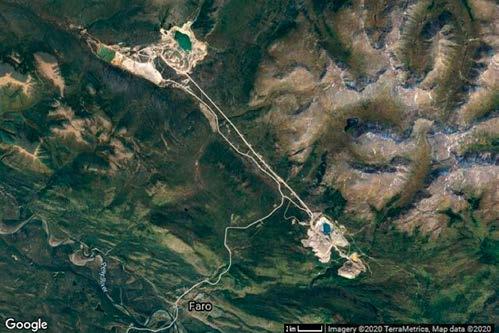 Figura 6. Vista cenital de la zona de Faro, con las antiguas minas de Vangorda (abajo) y Faro (arriba). Ortofoto: TerraMetrics (fuente: web www.google.es). Figura 7.