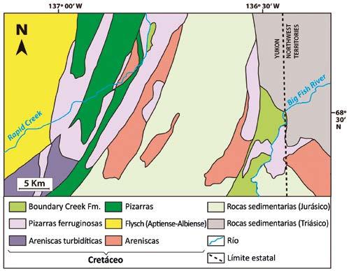 Figura 9. Vivianita y otros fosfatos recubriendo capas de pizarras ferruginosas (2012). Foto: Kimberly Tait. Figura 8. Mapa geológico de las zonas de Rapid Creek y Big Fish River.