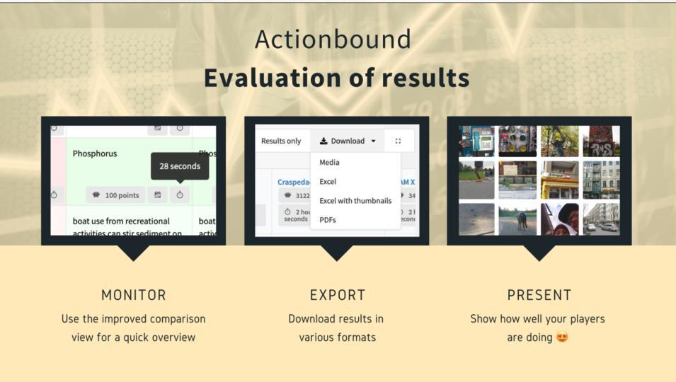 Resultados Actionbound permite ver y administrar los resultados de la participación de un Bound, individualmente o por equipo con una descripción general, así como