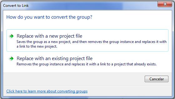 Haga clic en la pestaña Modify Panel Group Link siguientes: En el cuadro de diálogo Convertir en vínculo, seleccione una de las opciones Replace with