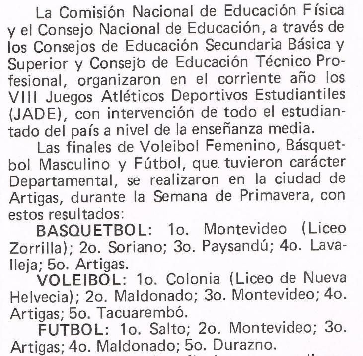 Según la revista Educación Física y Deportes que hacíamos mención, en ese año 1980 se organizaron los VIII JADE.