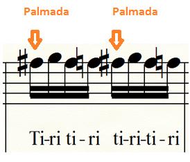 Para el estudio del motivo rítmico del compás 34 se sugiere que se practique en primer lugar con las sílabas: ti-ri-ti-ri de acuerdo al método Kodály.