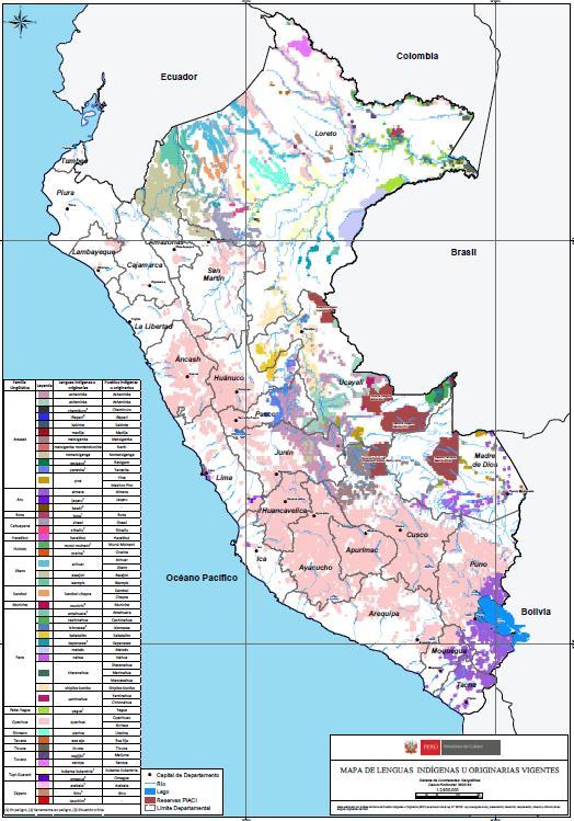 El quechua es hablada en casi todo el país por 3 millones 375 mil 682 en 1,113 distritos; seguida del aimara con 82 distritos, el ashaninka con 24 distritos y el awajún con 12 distritos.