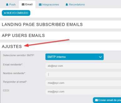 Pestaña Email: Lo primero que debe hacer para poder enviar embudos email es ir a la sección Ajustes y configurar tu SMTP: