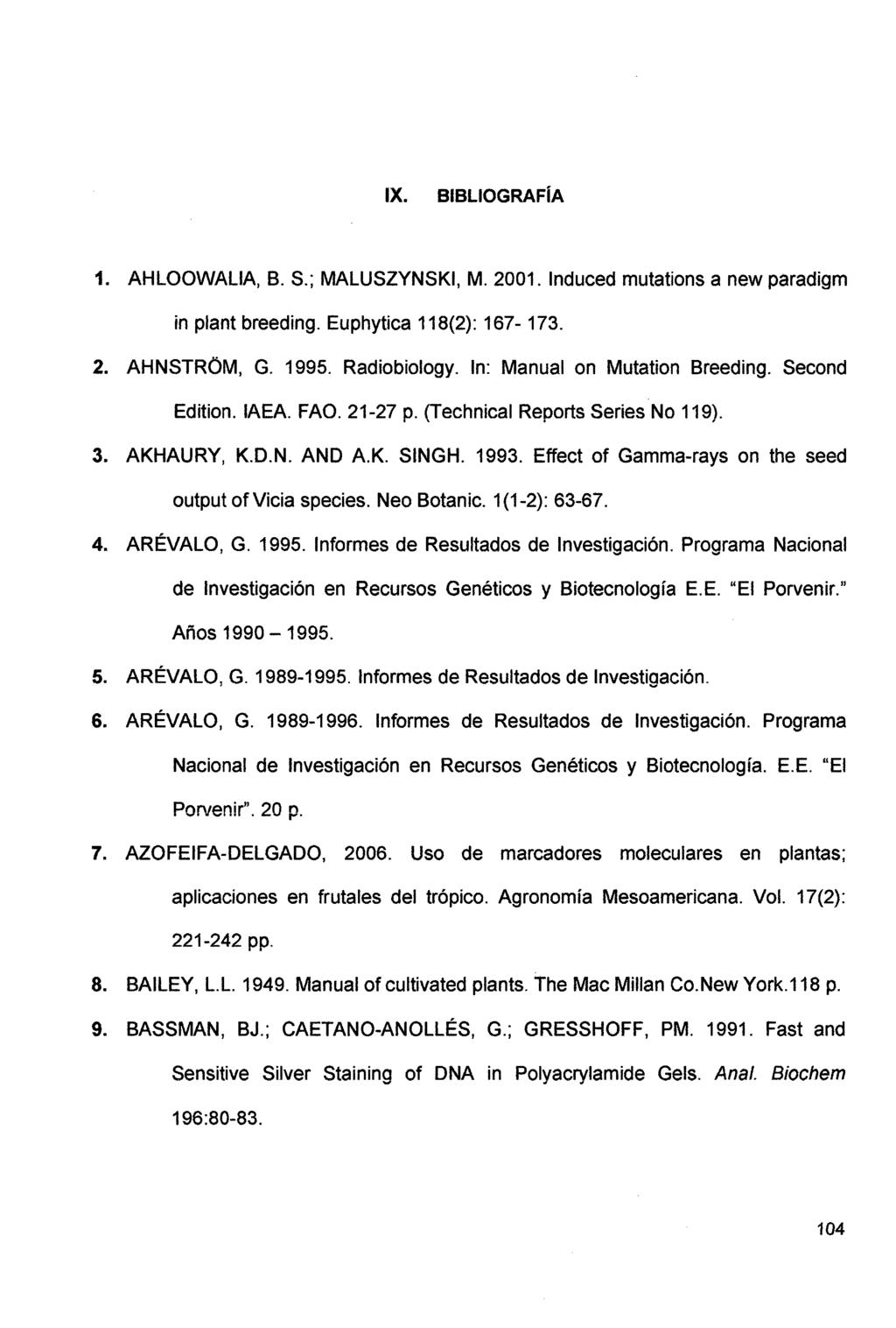 IX. BIBLIOGRAFÍA 1. AHLOOWALIA, B. S.; MALUSZYNSKI, M. 2001. lnduced mutations a new paradigm in plant breeding. Euphytica 118(2): 167-173. 2. AHNSTROM, G. 1995. Radiobiology.