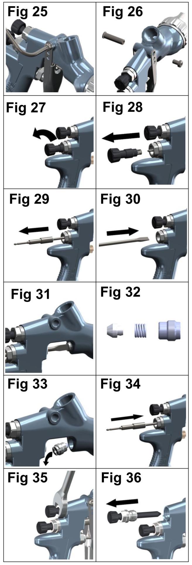 Sustitución de piezas/mantenimiento EMPAQUETADURA DE LA AGUJA INSTRUCCIONES DE SUSTITUCIÓN 13. Retire el gatillo usando la llave (57) o la llave TORX (T20). (Ver Fig. 25 y 26) 14.