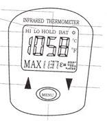 Interruptor de pantalla y membranas Indicador de retención de datos Indicador de luz de fondo Indicador de Alarma HI Indicador de Alarma LO Indicador de batería baja Indicador laser Temperatura