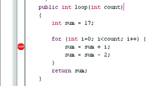 Estableciendo puntos de ruptura. Figura 16: Un punto de ruptura. Cuando se alcanza la línea de código que tiene asociado el punto de ruptura, la ejecución se interrumpirá.
