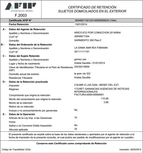 a.5. F.2003 - SIRE - Certificado de Retención - Sujetos Domiciliados en el Exterior PDF Al presionar el botón PDF de la ventana F.