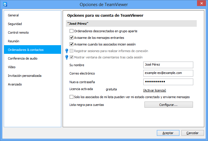 La gestión de cuentas en TeamViewer ofrece opciones adicionales.