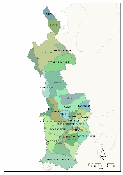 Mapa 3: División política administrativa del Chocó Fuente. IGAC. El índice de necesidades básicas insatisfechas, NBI, muestra que el 79% de la población chocoana carecía de alguna de ellas.