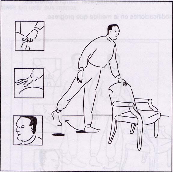 Extensión de cadera: Mismas instrucciones generales anteriores.. Párese a 30-45 cm. de la mesa o silla. 2. Inclínese a la altura de las caderas; sujétese de la mesa o silla. 3. Lentamente levante una pierna hacia atrás.