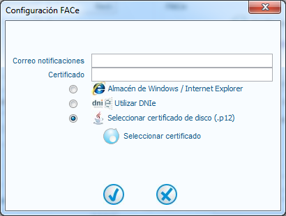 Figura 48: Ventana de configuración de FACe Elija el almacén donde tiene su certificado: Si ha seleccionado Almacén de Windows / Internet Explorer: Pulse el