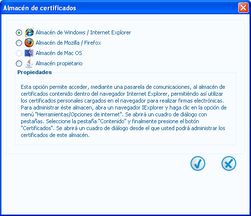 ANEXO A: Selección y uso de almacén de certificados La ventana que aparece al elegir la opción de Almacén de certificados en la ventana de Configuración es la siguiente (Figura 68): Figura 68 Ventana
