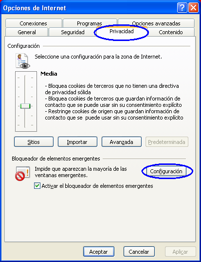 Ilustración 13: Permitir ventanas emergentes en Internet Explorer Ahora se debe meter en la caja de texto Dirección del