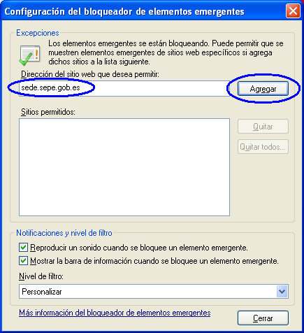Ilustración 14: Permitir ventanas emergentes en Internet Explorer Por último pulse el botón Cerrar 5.2 Configuración de Firefox Aviso: Este documento se ha hecho usando Firefox 28.0.