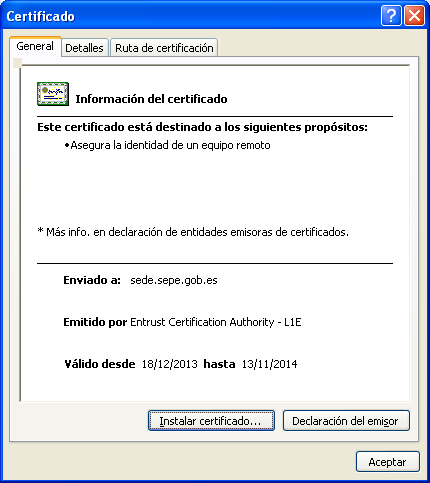 Ilustración 21: Verificación certificado sede en Internet Explorer En esta ventana, se debe