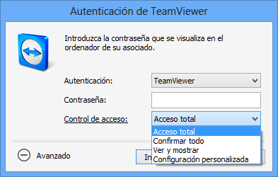 Funciones diversas Para las conexiones salientes, TeamViewer ofrece los siguientes modos de acceso: Acceso total: Puede controlar el ordenador remoto sin confirmación de su asociado.