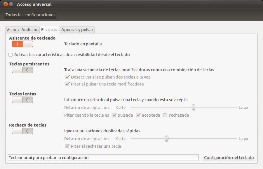 Figura 43 Configuración para facilitar la escritura Teclado virtual en pantalla Onboard En la instalación de Ubuntu está incluido el teclado virtual Onboard, que dispone de tres modos de