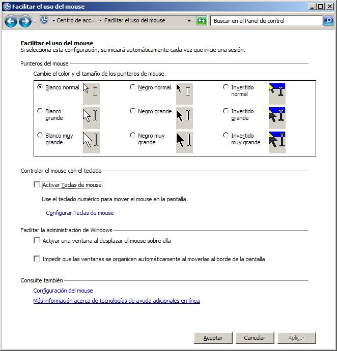 4.1.6 Facilidades y alternativas para usar el ratón Windows 7 reúne en una ventana las opciones de accesibilidad para el ratón de las que dispone el sistema operativo (Figura 15), denominada