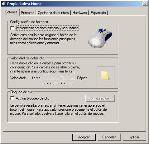 Figura 16 Configuración de los botones del ratón de Windows 7 En la pestaña Opciones de puntero (ver Figura