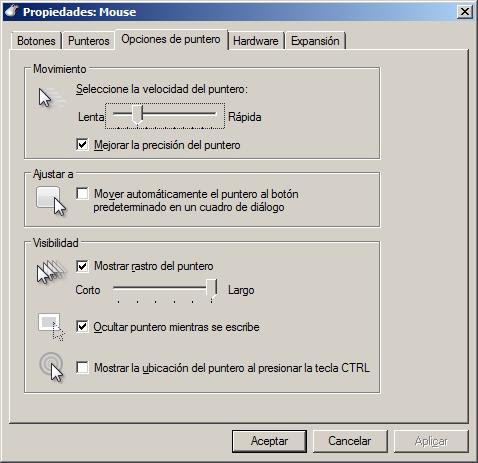 Figura 17 Opciones de puntero de Windows 7 Tal como se ha comentado, en esta pestaña existen opciones de Visibilidad que permiten activar la función de Mostrar la ubicación del puntero al presionar