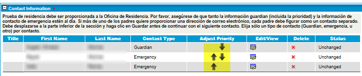 c. Si usted quiere cambiar el orden de Prioridad de los Tutores y/o contactos de Emergencia, use las flechas en la columna de Modificar Prioridad ( Adjust Priority ).