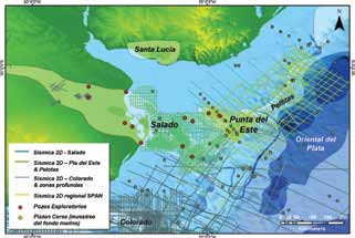 Figura 4. Líneas sísmicas de reflexión registradas en las cuencas del Salado y Punta del Este. No se incluyen la totalidad de líneas sísmicas en aguas uruguayas. Figura 5.