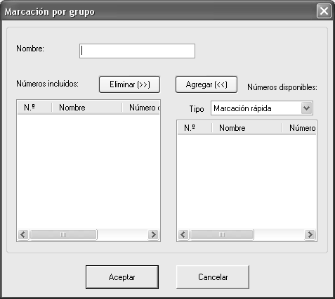 Al hacer clic en Marcación por grupo, se abrirá la siguiente ventana: Permite introducir un nombre para el grupo. Muestra los números incluidos en el grupo.