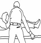 A Sujetando la cama, una persona: pasa una mano por debajo de los hombros de la persona enferma y con la otra mano agarra un lado de la cama.