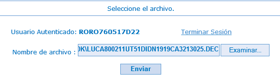 Cuando el archivo que va a ser enviado se encuentre en el campo Nombre de archivo dé clic en Enviar.