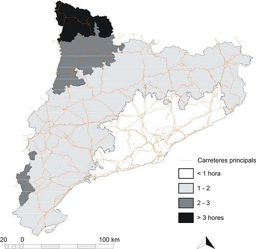 Mapa 9. Distància en temps de Barcelona a la resta de municipis catalans Font: Elaboració pròpia Les raons de l absència d ETR a la Plana de Lleida són completament diferents.