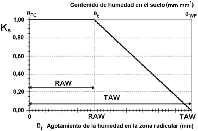 Fuente: Allen et al. (1998). Figura 2.19. Coeficiente de estrés hídrico. Cuando se pretende trabajar con láminas de agua disponibles en vez de contenidos de agua en el suelo, las Ecs. (2.