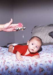 Los juegos que los bebés juegan Puedo moverme para mantener cosas u objetos a la vista Propósito del juego: Enseñar a su bebé a usar su cuerpo, levantar la cabeza y la parte superior de su cuerpo al