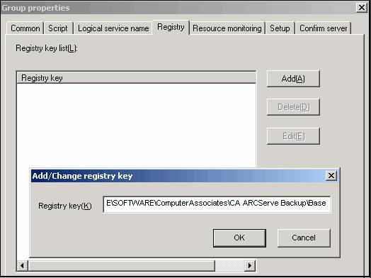 Implementación del servidor de CA ARCserve Backup en el clúster NEC 6. En el cuadro de diálogo Propiedades del grupo, seleccione la ficha Registro.