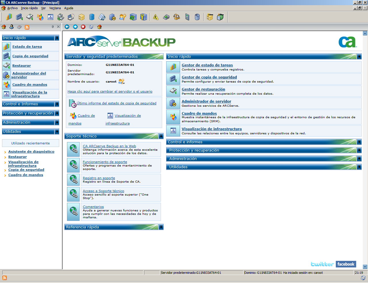 Página principal de CA ARCserve Backup Página principal de CA ARCserve Backup La página principal es la ubicación central desde la cual puede iniciar sesión en otros servidores de CA ARCserve Backup
