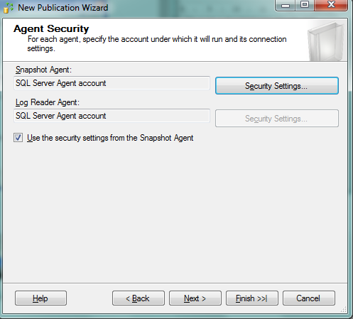 Fecha de efectividad: 2014-2 Nos aparecerá la siguiente pantalla donde seleccionaremos Run under the SQL Server Agent Account y la conexión al publicador será By
