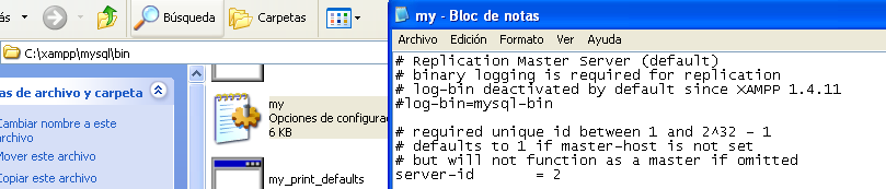 10. Crear el respaldo de la base de datos para copiarla al ESCLAVO (es necesario abrir en modo Administrador el símbolo del sistema) mysqldump -u root -p replicacion>c:\respaldo.sql 11.