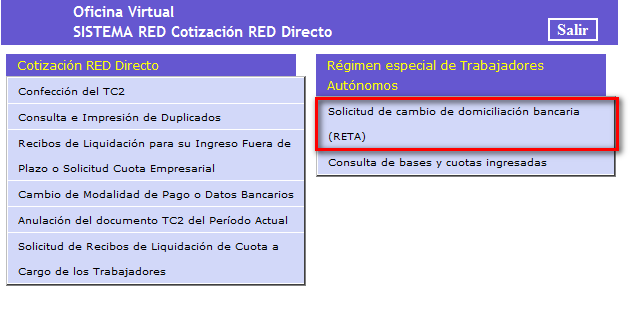 5. Para RED INTERNET, se accedera con la selección de la opción: Régimen especial de Trabajadores Autónomos del apartado Cotización Online a la siguiente pantalla. 6.