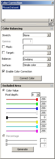 Corrección del color Ventana Corrección del color para los datasets de mosaicos Cuando disponga de un dataset de mosaico que requiera una corrección del color, la ventana Corrección del color podrá