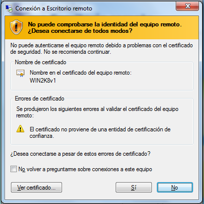 PASO 7 Aparecerá un aviso de advertencia sobre el certificado de seguridad del servidor virtual.
