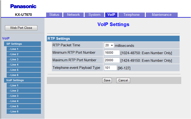 Sección 4 Programación del interface del usuario Web 4.6.3 VoIP Settings Desde esta pantalla podrá cambiar los ajustes VoIP comunes a todas las líneas. 4.6.3.1 RTP Settings RTP Packet Time Selecciona el intervalo, en milisegundos, entre las transmisiones de paquetes RTP.