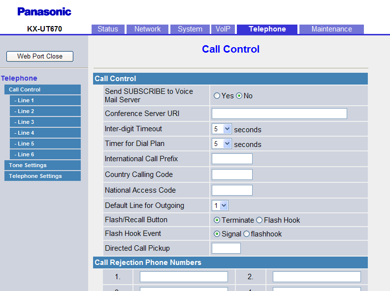Sección 4 Programación del interface del usuario Web 4.7.1 Call Control Desde esta pantalla podrá configurar varias funciones de llamada comunes a todas las líneas. 4.7.1.1 Call Control Send SUBSCRIBE to Voice Mail Server Selecciona si la petición del ABONADO se enviará a un servidor de correo vocal.