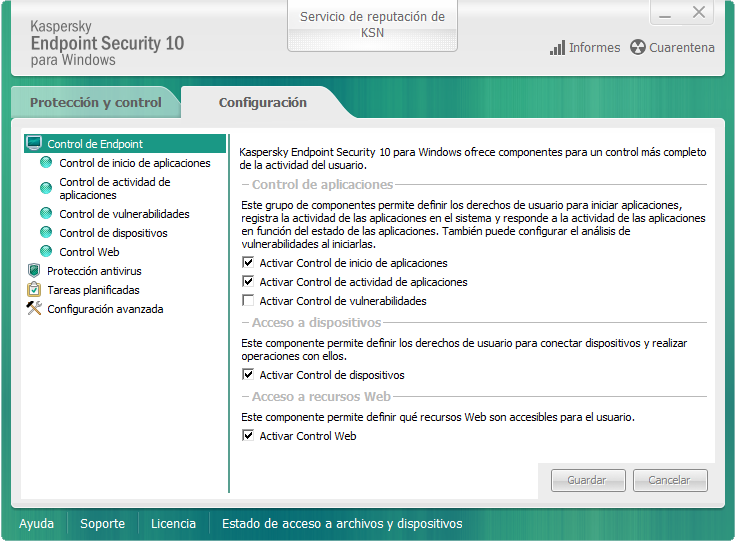 I N T E R F A Z D E L A A P L I C A C I Ó N VENTANA DE CONFIGURACIÓN DE LA APLICACIÓN La ventana de configuración de Kaspersky Endpoint Security permite configurar los parámetros generales de la