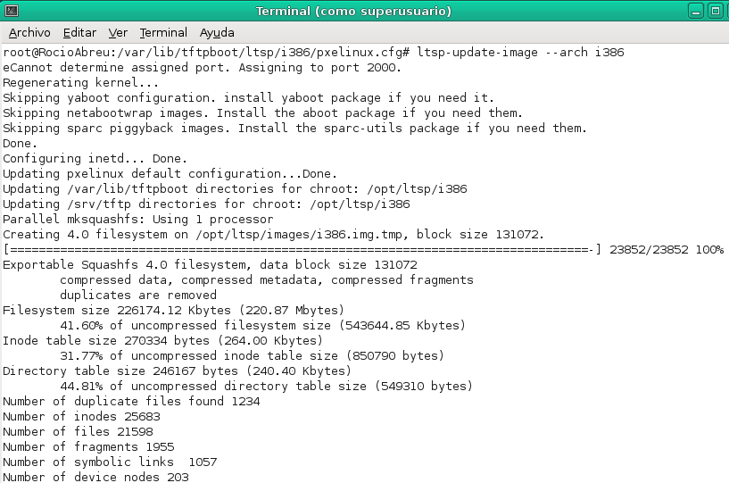 3- Si te presenta que tienes problemas con el nbd server, es que debes actualizar la ltsp i386, por medio de la siguiente línea: ltsp-update-image --arch i386 Configurar el