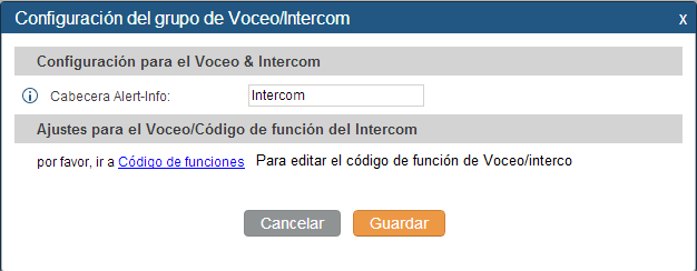 Haga clic en "Configuración del grupo de Voceo/Intercom" para editar la cabecera Alert-Info. Esta cabecera será incluida en el mensaje SIP INVITE enviado al destinatario de llamada de Voceo/intercom.