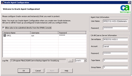 Configuración del Agente para Oracle Habilitación del envío de tareas desde la consola RMAN El Agente para Oracle de CA ARCserve Backup ofrece copias de seguridad y restauraciones en modo basado en