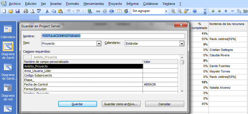 Guardar Carta Gantt en Project Server Para registrar la Gantt en Project debe seleccionar Archivo > Guardar Como y se desplegara la siguiente pantalla en donde se le solicitara completar la